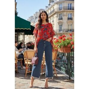 IRO Women's M Asymmetric Chiffon Silk Double Sleeve Blouse Flowy Red Floral